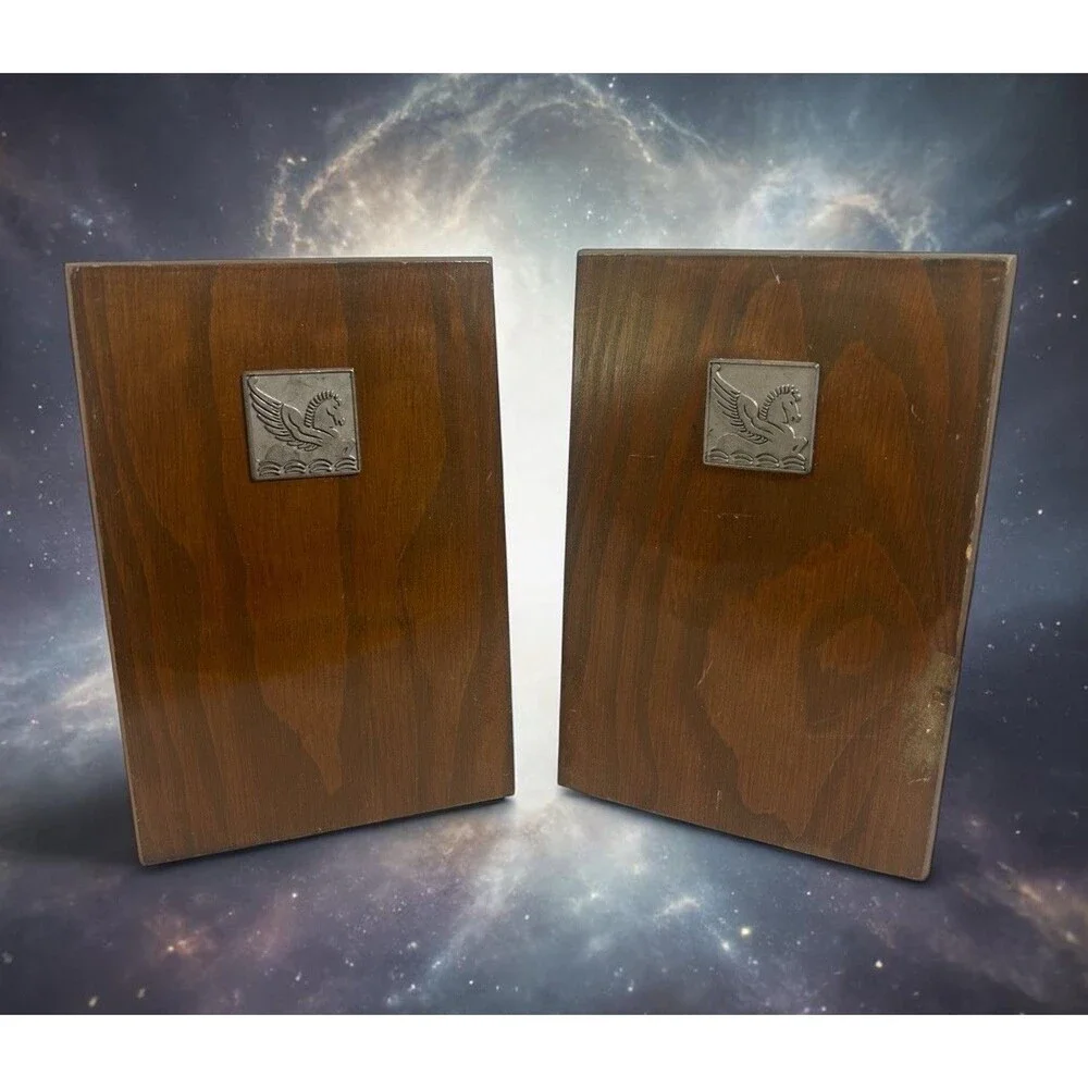 Pegasus Wood Bookends Mid Century Metal Inlay Horse 6.75” Tall Vintage Set of 2